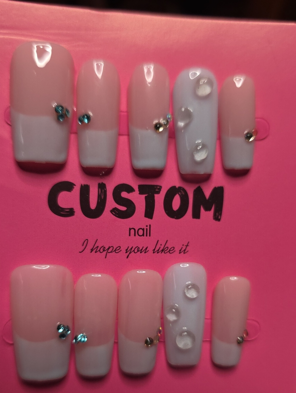 Nail Set - Pink & White French Tips with Rhinestones Size Large